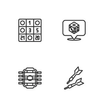 Set line Dart arrow, Table football, Bingo card and Game dice icon. Vector Stock Illustration