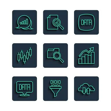 Set line Data analysis, Binary code, Cloud download and upload, Search with Stock Illustration