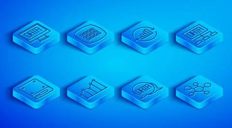 Set line Data analysis, Binary code, Pie chart infographic, Server and Mind map Stock Illustration