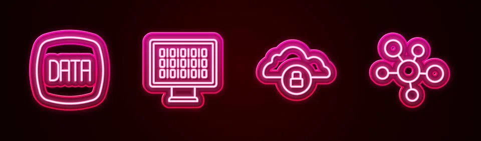 Set line Data analysis, Binary code, Cloud computing lock and Mind map Stock Illustration