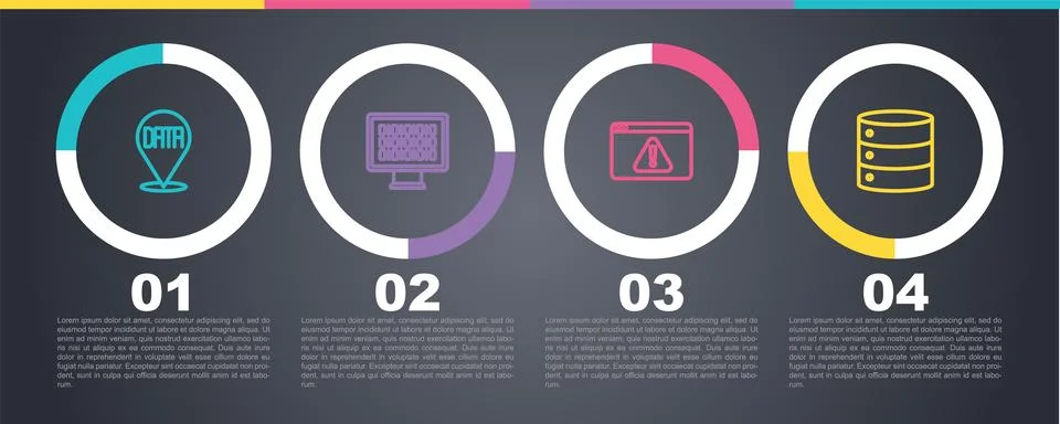 Set line Data analysis, Binary code, Browser with exclamation mark and Serv.. Stock Illustration