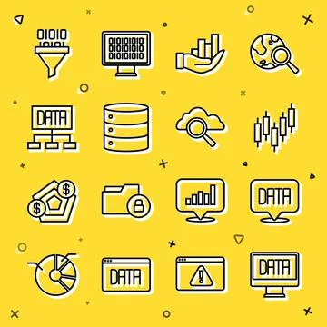 Set line Data analysis, Browser with stocks market, Pie chart infographic Stock-Illustration
