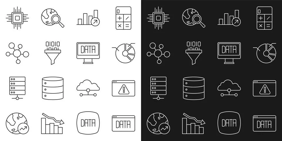 Set line Data analysis, Browser with exclamation mark, Pie chart infographic Stock Illustration