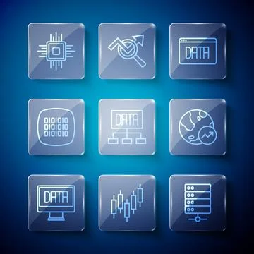Set line Data analysis, Browser with stocks market, Server, Binary code, Pr.. Stock Illustration
