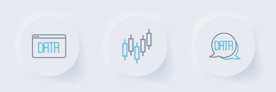 Set line Data analysis, Browser with stocks market and  icon. Vector Illustrazione stock