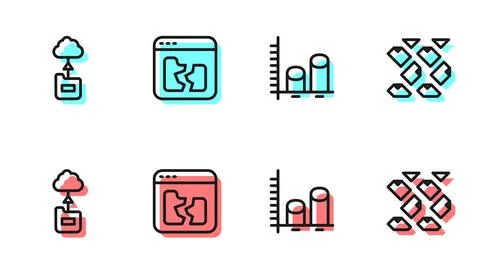 Set line Data analysis, Cloud technology data transfer, Broken file and stream 스톡 일러스트