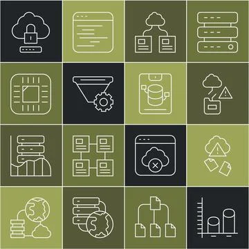 Set line Data analysis, Cloud hacking, technology data transfer, Filter setting Illustrazione stock
