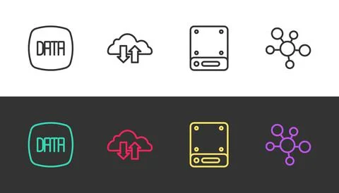 Set line Data analysis, Cloud download and upload, Server and Mind map Stock Illustration