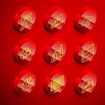Set line Data analysis, Cloud computing lock, Search globe, Pie chart Stock Illustration
