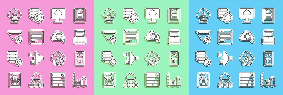 Set line Data analysis, Cloud technology data transfer, Server, Data, Web H.. Illustrazione stock