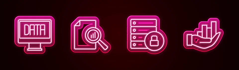 Set line Data analysis, Document with graph chart, Server security padlock and Illustrazione stock