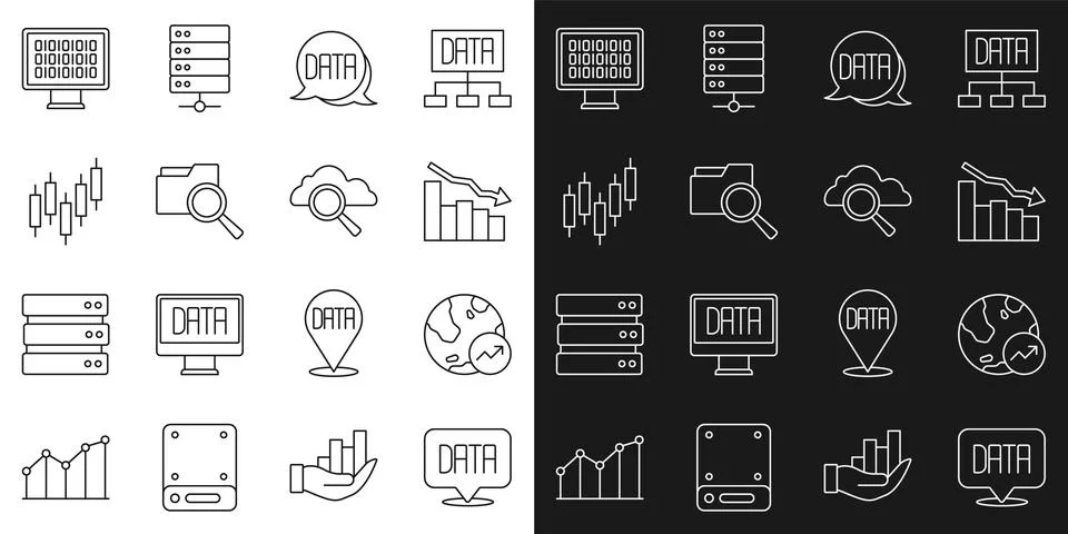 Set line Data analysis, Financial growth, decrease, Search with folder, Browser Illustrazione stock