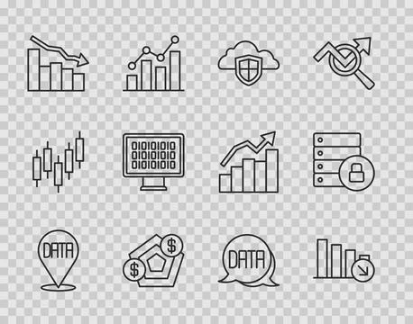 Set line Data analysis, Financial growth decrease, Cloud and shield, Binary code Stock Illustration