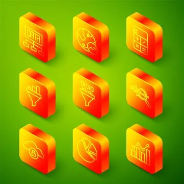 Set line Data analysis, Financial growth, Calculator, Sales funnel with chart 库存插图