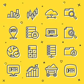 Set line Data analysis, Folder and lock, Document with graph chart, Network Illustrazione stock