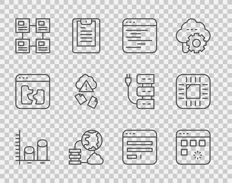 Set line Data analysis, Loading data window, Software, Network cloud connecti Stock Illustration