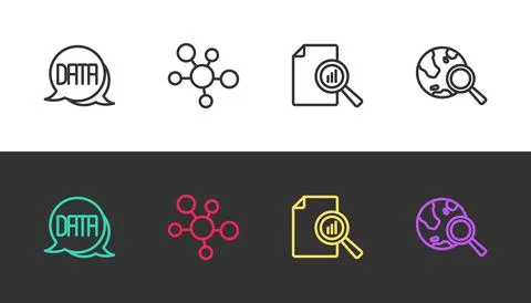 Set line Data analysis, Mind map infographic, Document with chart and Search Illustrazione stock