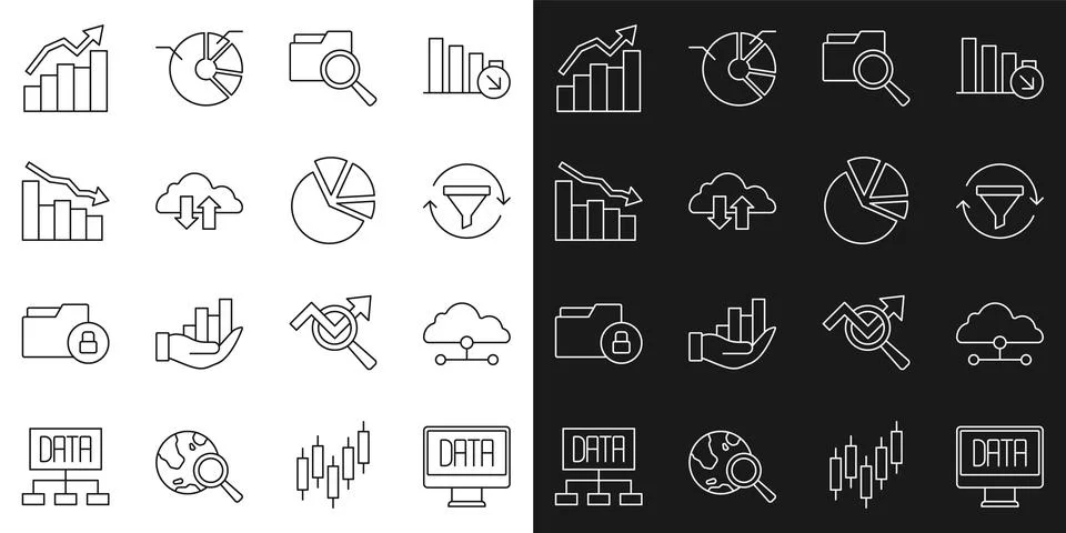 Set line Data analysis, Network cloud connection, Sales funnel with chart Illustrazione stock