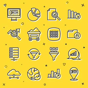 Set line Data analysis, Pie chart infographic, Folder and lock, Document with Stock-Illustration