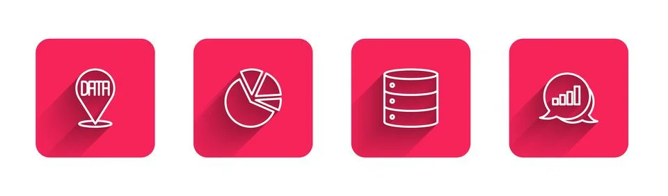 Set line Data analysis, Pie chart infographic, Server and with long shadow. Red 스톡 일러스트