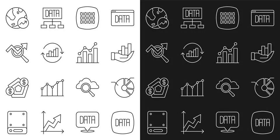 Set line Data analysis, Pie chart infographic, Binary code, Search data Stock Illustration