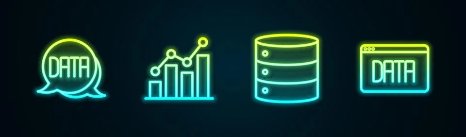 Set line Data analysis, Pie chart infographic, Server and . Glowing neon icon Stock Illustration