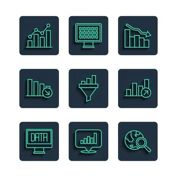 Set line Data analysis, Pie chart infographic, Search globe, Financial growth Stock Illustration