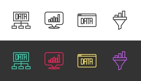 Set line Data analysis, Pie chart infographic,  and Sales funnel with on bl.. Stock Illustration