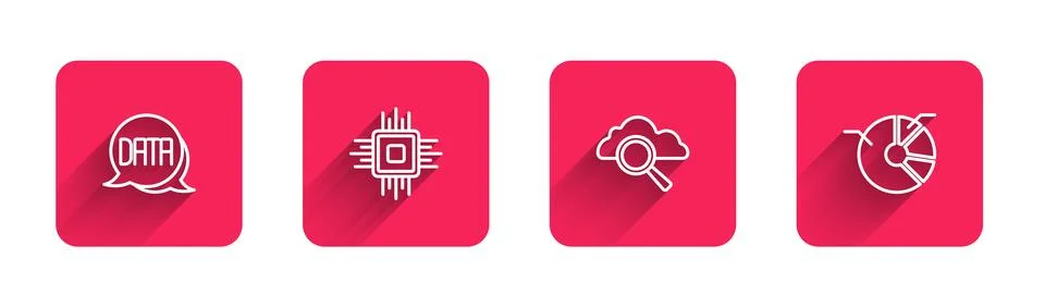 Set line Data analysis, Processor CPU, Search cloud computing and Pie chart.. Illustrazione stock
