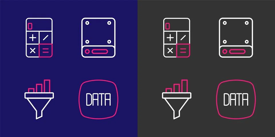 Set line Data analysis, Sales funnel with chart, Server and Calculator icon.. Stock Illustration