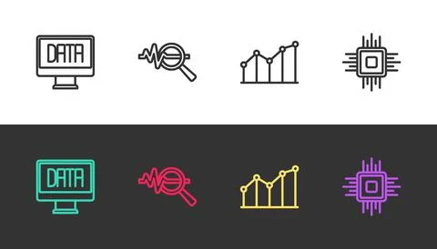 Set line Data analysis, Search data, Pie chart infographic and Processor CPU  Stock Illustration