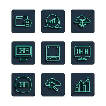Set line Data analysis, Search cloud computing, Pie chart infographic, Cloud and Illustrazione stock