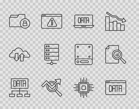 Set line Data analysis, Search data, Folder and lock, Server, Processor CPU and Stock Illustration