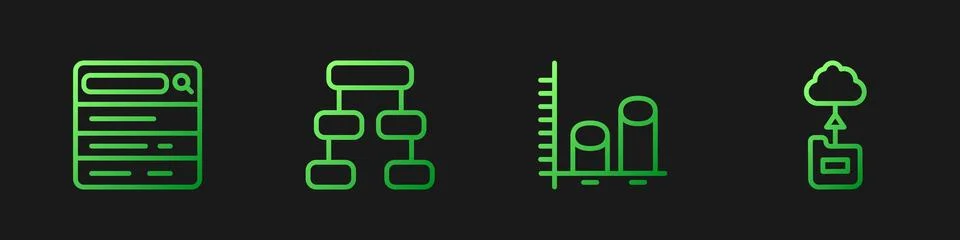 Set line Data analysis, Search engine, Hierarchy organogram chart and Cloud.. Stock Illustration