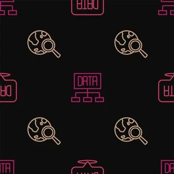 Set line Data analysis, Search globe and  on seamless pattern. Vector Stock Illustration
