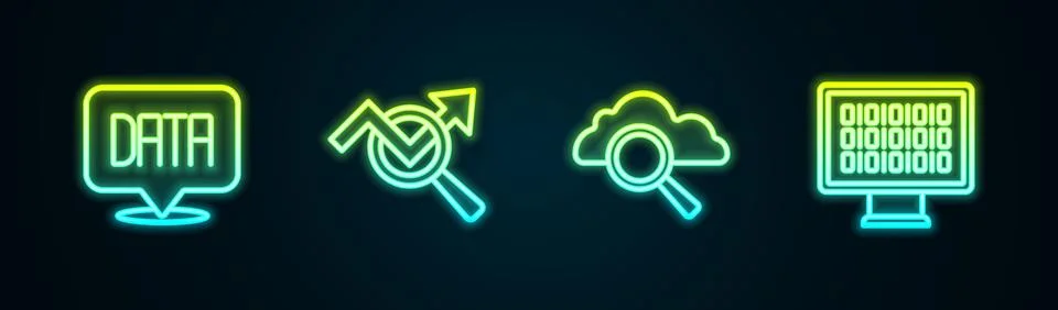Set line Data analysis, Search data, cloud computing and Binary code. Glowi.. Stock Illustration