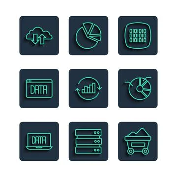 Set line Data analysis, Server, Coal mine trolley, Binary code, Pie chart Stock Illustration