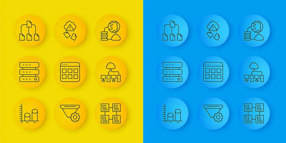 Set line Data analysis, Server, Data, Web Hosting, Browser files, Hierarchy o Stock Illustration
