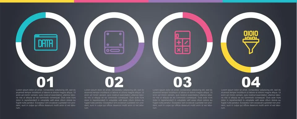 Set line Data analysis, Server, Calculator and Binary code. Business infographic Stock Illustration