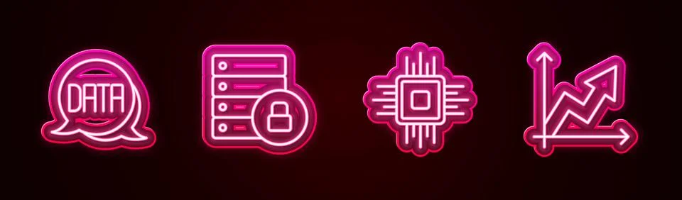 Set line Data analysis, Server security with padlock, Processor CPU and Stock Illustration