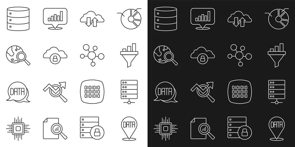 Set line Data analysis, Server, Sales funnel with chart, Cloud download and Stockillustratie
