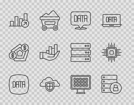 Set line Data analysis, Server security with padlock, Cloud and shield, Fin.. Stock Illustration