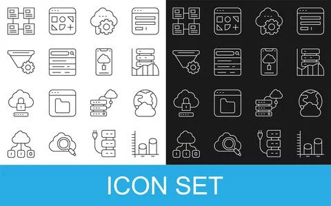 Set line Data analysis, Social network, Server, Data, Web Hosting, Cloud Illustrazione stock