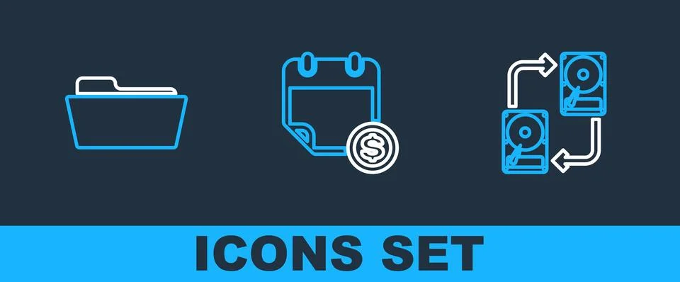 Set line Data exchange with hhd, Folder and Financial calendar icon. Vector Stock Illustration