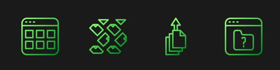 Set line Data export, Browser files, stream and File missing. Gradient color Illustrazione stock