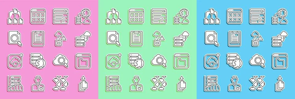 Set line Data export, Browser files, Network cloud connection, Search engine Stock Illustration