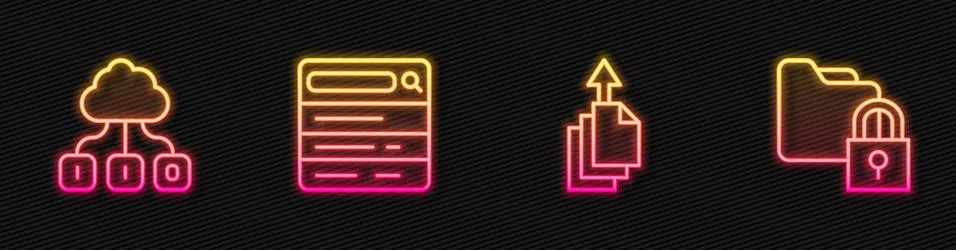 Set line Data export, Cloud technology data transfer, Search engine and Folder Stock Illustration