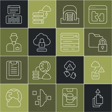 Set line Data export, Cloud technology data transfer, Folder and lock, Hang.. Stock Illustration