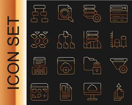 Set line Data export, Filter setting, analysis, Server and gear, Folder tree Stock Illustration