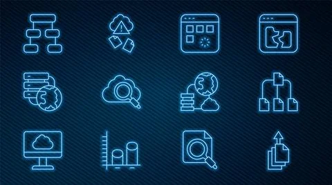 Set line Data export, Folder tree, Loading data window, Search cloud computing Stock Illustration